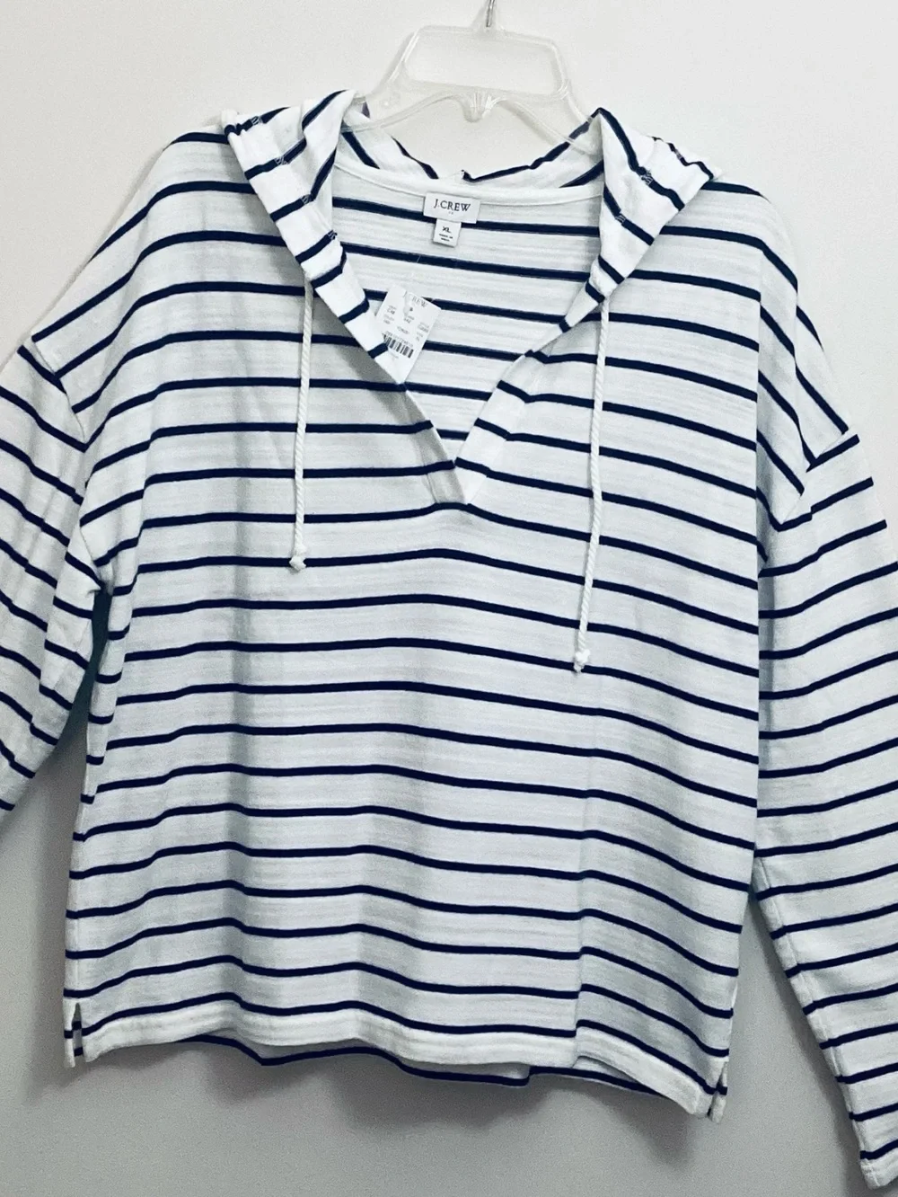 J. Crew Navy White Striped V-Neck Pullover Cotton Sweater Hoodie XL Relaxed NWT
